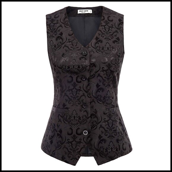 Vintage Jacquard Waistcoat Vest Sleeveless Button-Up Polyester Functional